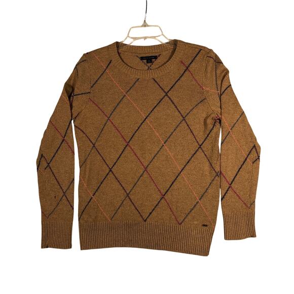 Tommy Hilfiger Mens Sweater Argyle Crewneck Brown Wool/Cotton Blend Distressed - Picture 1 of 8